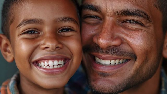 Father and son smiling closeup leaning cheek-to-cheek showing warm family bond and joy