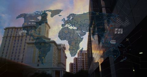 Digital World Map Overlay Connecting Global Nodes in Urban Sunset Setting