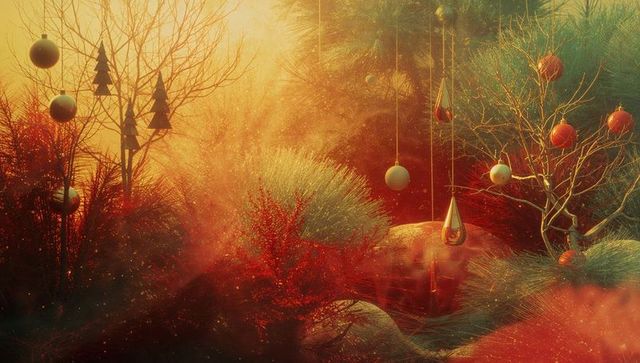 Enchanting garden with festive ornaments at golden hour