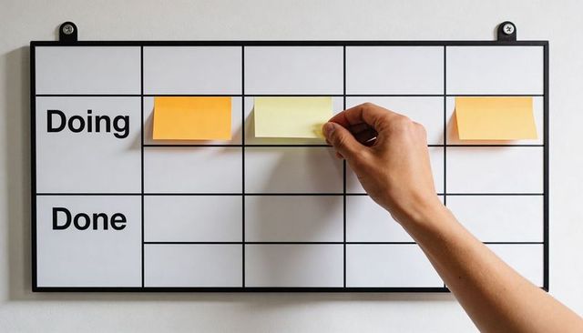 Hand placing yellow sticky note on kanban doing to done grid board for workflow