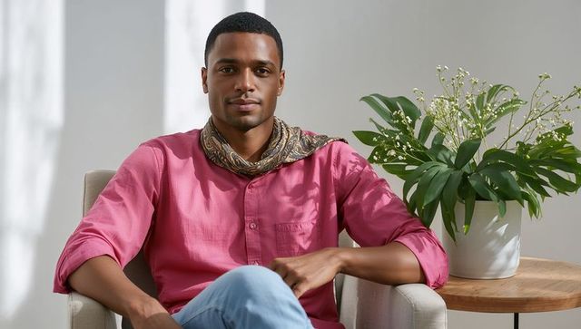 Man relaxing in modern home interior with potted plant decor