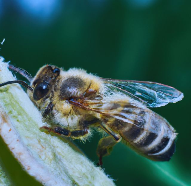 This image showcases a close-up, detailed view of a bee engaged in pollination. Ideal for use in educational materials related to entomology, blogs focused on gardening and nature, environmental awareness campaigns, and scientific publications about pollinators and biodiversity. It highlights the essential roles bees play in ecosystems.
