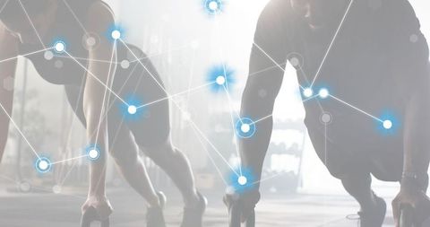 Partners holding plank push-ups on parallettes with futuristic node network overlay