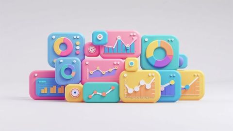 Pastel 3d data charts forming stepped pyramid on white surface for website designs