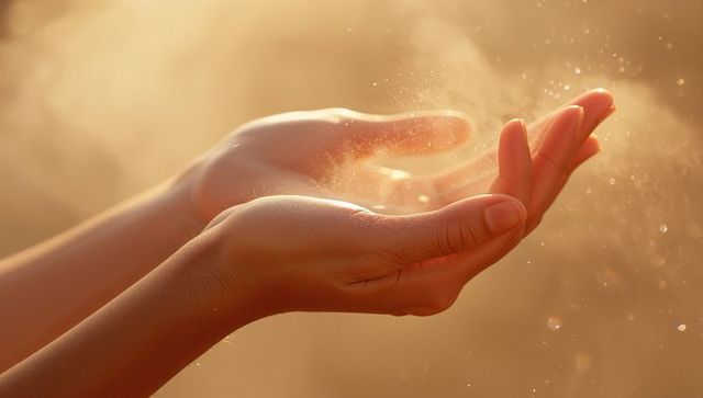 Cupping hands capturing golden sunlight and dust particles at golden hour