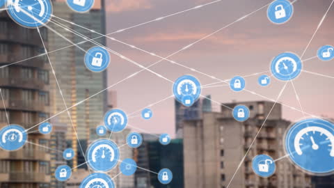 Digital Network Links over Urban Cityscape Concept Illustration