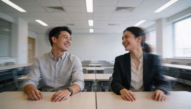 Smiling classmates collaborating at classroom desks during professional daytime learning