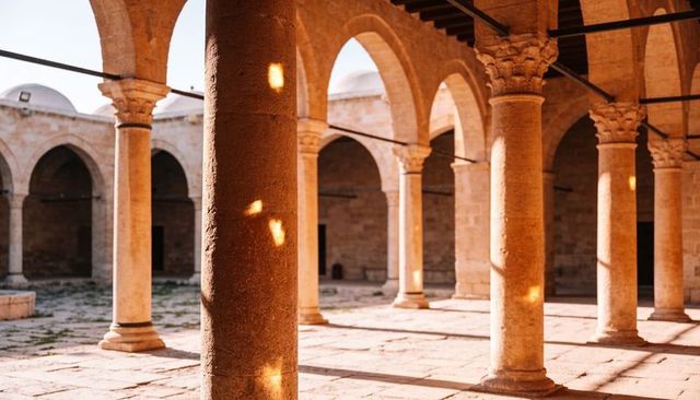 Sunlit sandstone courtyard with arched arcade and columns casting golden light