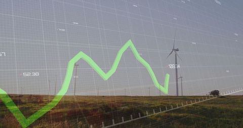 Wind Turbines with Data Overlay Representing Renewable Energy Analytics