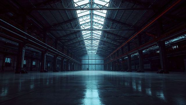 Minimalist Industrial Warehouse Interior with Glass Wall and Skylights