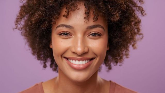Smiling woman with curly hair showing broad smile on lavender backdrop wearing rust top