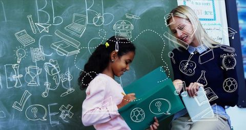 Teacher guiding student writing in teal folder with chalkboard education doodles mentoring