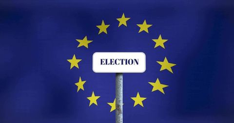 Eu election road sign in circle of stars on blue flag background for voting concept