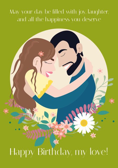 Animated illustration featuring a couple in a warm embrace, surrounded by flowers with a green background. This heartwarming image can be ideal for birthday cards, love messages, and romantic celebrations, spreading joy and affection on special occasions.