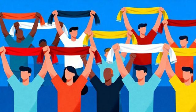 Colorful fans cheering, raising scarves, showing unity and team spirit in stadium stands