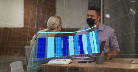 Masked Colleagues Collaborating on Laptop with AR Bar Chart and Growth Dashboard
