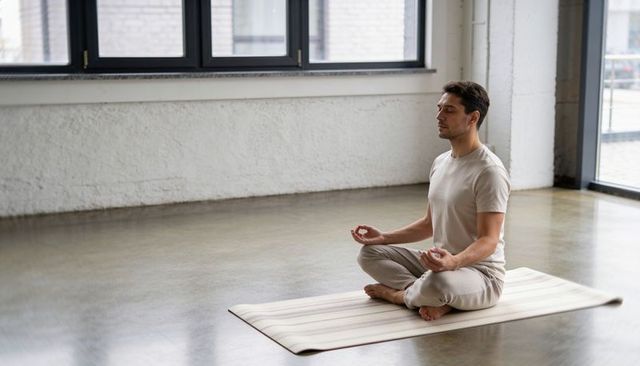 Man meditating in minimalist studio on striped yoga mat near large sunlit windows
