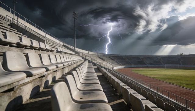 Lightning vortex striking empty stadium stands with converging concrete rows and dramatic sky