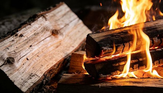 Crackling campfire logs burning on rustic firepit with glowing embers and warm flames