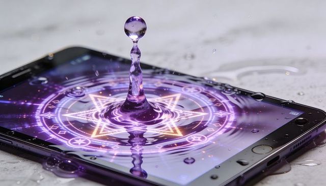 Purple arcane glyph illuminating smartphone screen with water droplet splash