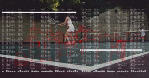 Female tennis player swings racket on court with digital code overlay