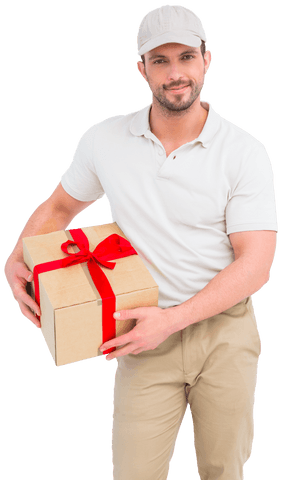 Transparent Delivery Man Holding Gift-Wrapped Box with Red Ribbon - Download Free Stock Videos Pikwizard.com