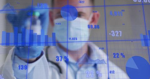 Doctor analyzing medical data holding pipette wearing mask with digital analytics overlay
