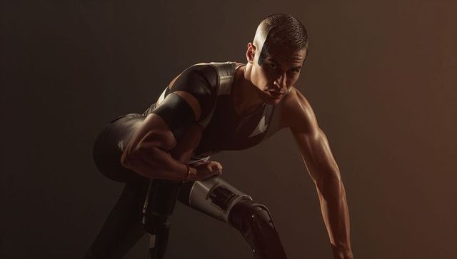 Determined athlete leaning on prosthetic leg in compression suit, showing strength, resilience