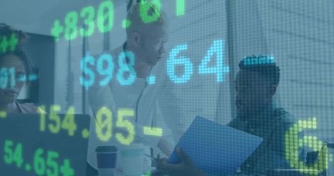 Team Collaborating Over Market Data with Stock Ticker Overlay in Modern Office