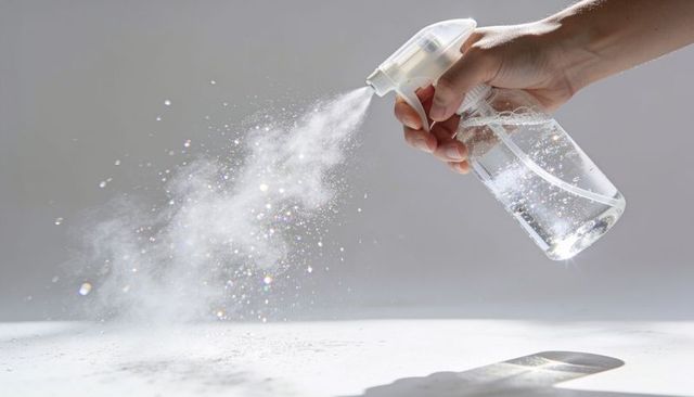 Hand spraying clear spray bottle creating sparkling mist and droplets on white surface
