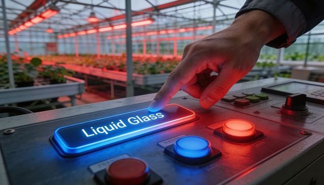 Pressing button labeled liquid glass in automated greenhouse under red grow lights