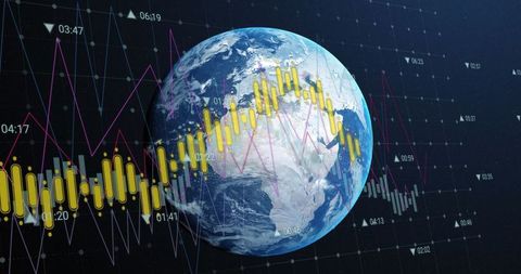 3D Globe with Financial Data Visualization on Digital Grid