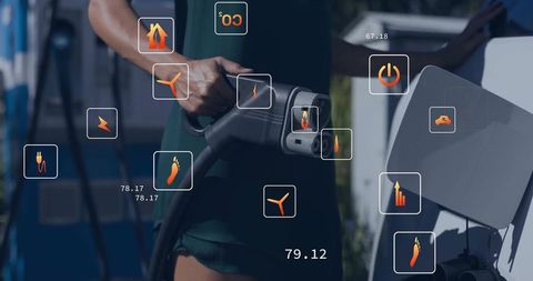 Woman plugging electric vehicle charger with energy icons and data overlays at station