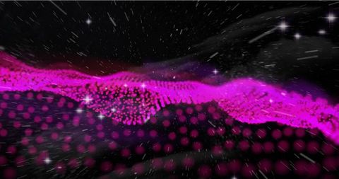 Magenta particle wave undulating over neon cosmic grid, data visualization background