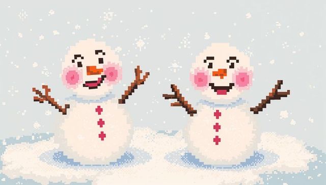 Retro pixel snowmen duo smiling with carrot noses pastel scarves buttons winter snowfall