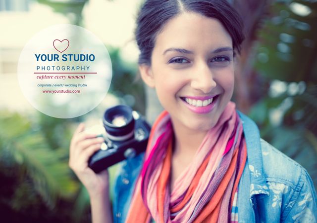 Cheerful Woman with Camera Promoting Photography Services - Download Free Stock Templates Pikwizard.com