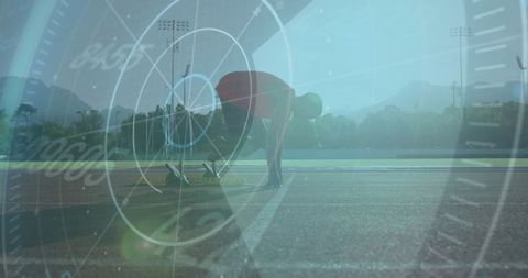 Athlete ready to sprint with speedometer overlay on track