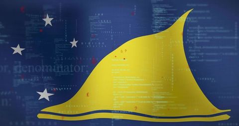 Tech flag graphic depicting gold sail crest over navy field with code overlay and white stars