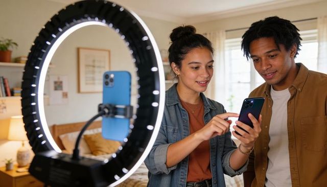 Young creators collaborating with ring light and dual smartphones in cozy bedroom studio