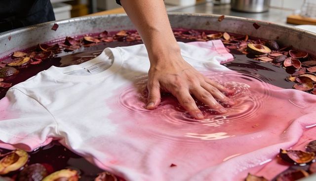 Pressing white cotton t-shirt into plum dye bath creating pink ombre and ripple texture