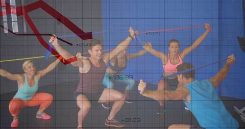 Group exercise training with resistance bands in fitness studio