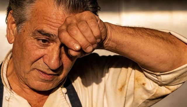 Senior chef wiping sweat after long shift, closeup portrait showing fatigue and resolve