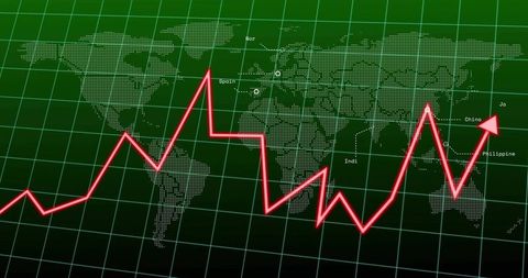 Glowing Neon Red Global Trend Line Chart Showing Market Fluctuations on Digital World Map