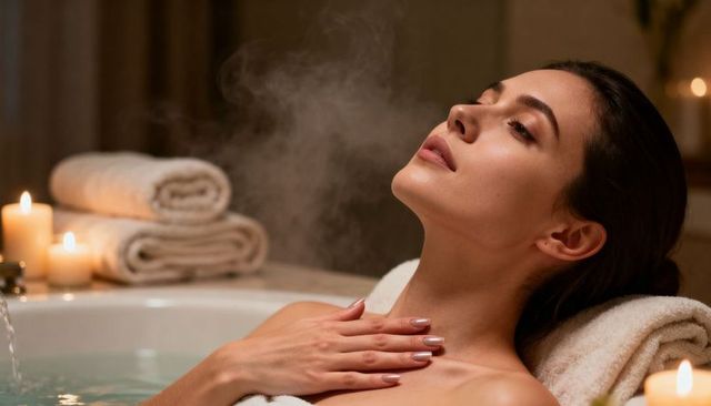 Relaxing woman in candlelit spa bath with steam and rolled towels for luxury wellness