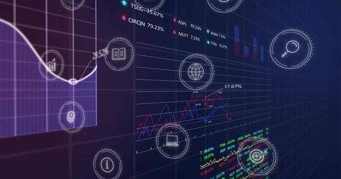 Dynamic virtual dashboard displaying line chart with data icons