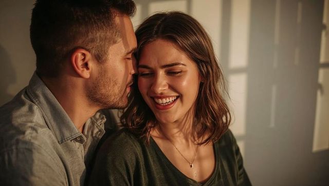 Couple whispering at sunset, smiling woman and leaning man sharing intimate moment