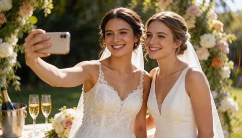 Two brides taking selfie under floral arch at outdoor wedding celebrating love golden hour