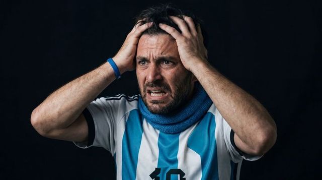 Frustrated soccer fan gripping head wearing number 10 jersey and blue scarf