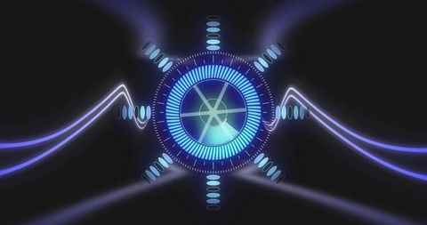 Glowing holographic hud interface pulsing with neon cyan and violet waves