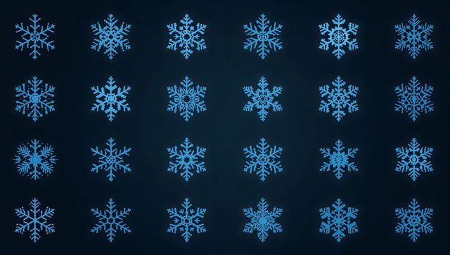 Centered grid of glowing blue snowflake icons on navy gradient backdrop, tiled geometric